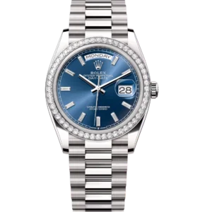 Rolex Day-Date 36 Oyster Perpetual 18 ct white gold bright blue, diamond-set dial diamond-set bezel President band Reference 128349RBR