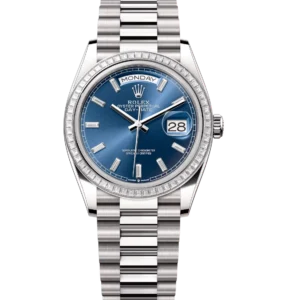 Rolex Day-Date 36 Oyster Perpetual 18 ct white gold bright blue, diamond-set dial diamond-set bezel President band Reference 128399TBR