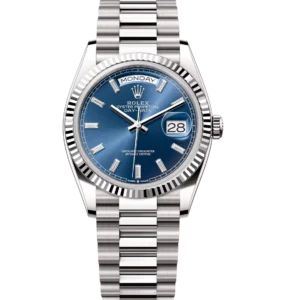 Rolex Day-Date 36 Oyster Perpetual 18 ct white gold bright blue, diamond-set dial fluted bezel President band Reference 128239