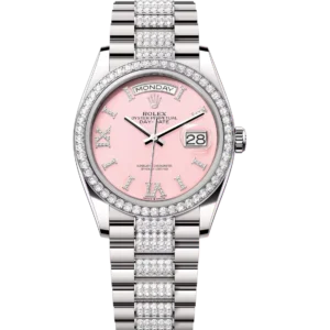 Rolex Day-Date 36 Oyster Perpetual 18 ct white gold pink opal, diamond-set dial diamond-set bezel diamond-set President band Reference 128349RBR
