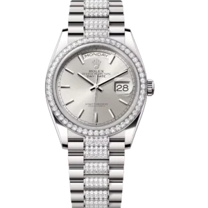 Rolex Day-Date 36 Oyster Perpetual 18 ct white gold silver dial diamond-set bezel diamond-set President band Reference 128349RBR