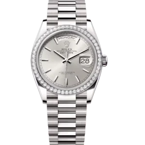 Rolex Day-Date 36 Oyster Perpetual 18 ct white gold silver dial diamond-set bezel President band Reference 128349RBR