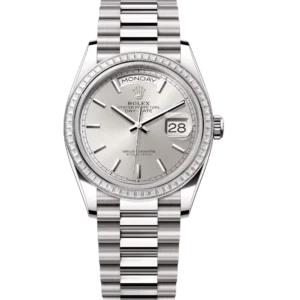 Rolex Day-Date 36 Oyster Perpetual 18 ct white gold silver dial diamond-set bezel President band Reference 128399TBR