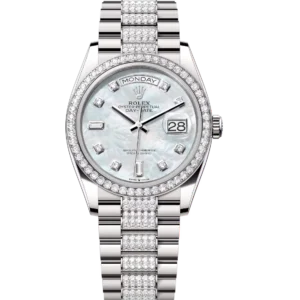 Rolex Day-Date 36 Oyster Perpetual 18 ct white gold white mother-of-pearl, diamond-set dial diamond-set bezel diamond-set President band Reference 128349RBR