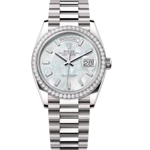 Rolex Day-Date 36 Oyster Perpetual 18 ct white gold white mother-of-pearl, diamond-set dial diamond-set bezel President band Reference 128349RBR