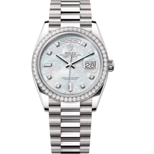 Rolex Day-Date 36 Oyster Perpetual 18 ct white gold white mother-of-pearl, diamond-set dial diamond-set bezel President band Reference 128349RBR