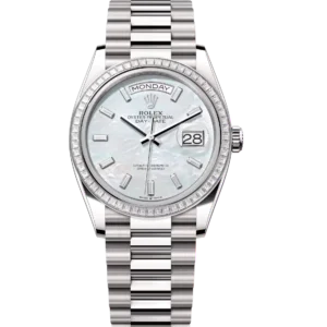 Rolex Day-Date 36 Oyster Perpetual 18 ct white gold white mother-of-pearl, diamond-set dial diamond-set bezel President band Reference 128399TBR