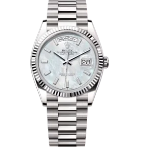 Rolex Day-Date 36 Oyster Perpetual 18 ct white gold white mother-of-pearl, diamond-set dial fluted bezel President band Reference 128239
