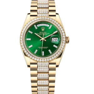 Rolex Day-Date 36 Oyster Perpetual 18 ct yellow gold bright green, diamond-set dial diamond-set bezel diamond-set President band Reference 128348RBR