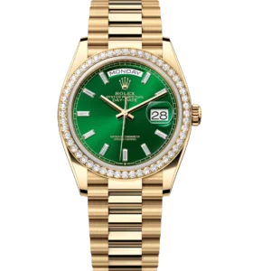 Rolex Day-Date 36 Oyster Perpetual 18 ct yellow gold bright green, diamond-set dial diamond-set bezel President band Reference 128348RBR