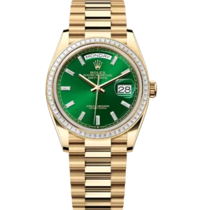 Rolex Day-Date 36 Oyster Perpetual 18 ct yellow gold bright green, diamond-set dial diamond-set bezel President band Reference 128398TBR