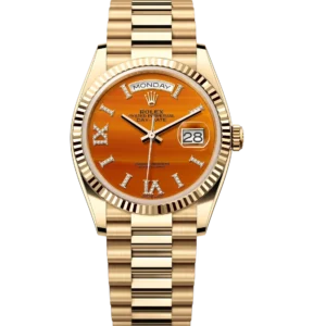 Rolex Day-Date 36 Oyster Perpetual 18 ct yellow gold carnelian, diamond-set dial fluted bezel President band Reference 128238