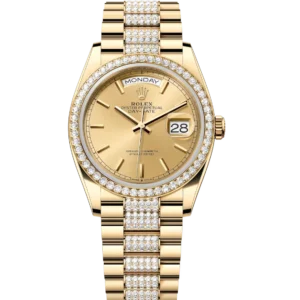 Rolex Day-Date 36 Oyster Perpetual 18 ct yellow gold champagne-colour dial diamond-set bezel diamond-set President band Reference 128348RBR