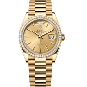 Rolex Day-Date 36 Oyster Perpetual 18 ct yellow gold champagne-colour dial diamond-set bezel President band Reference 128348RBR