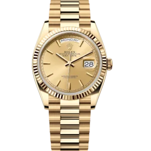 Rolex Day-Date 36 Oyster Perpetual 18 ct yellow gold champagne-colour dial fluted bezel President band Reference 128238