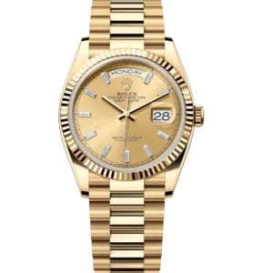 Rolex Day-Date 36 Oyster Perpetual 18 ct yellow gold champagne colour, diamond-set dial fluted bezel President band Reference 128238