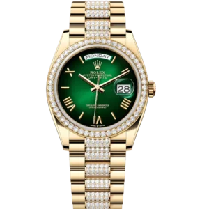 Rolex Day-Date 36 Oyster Perpetual 18 ct yellow gold green ombré dial diamond-set bezel diamond-set President band Reference 128348RBR