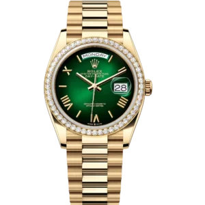 Rolex Day-Date 36 Oyster Perpetual 18 ct yellow gold green ombré dial diamond-set bezel President band Reference 128348RBR