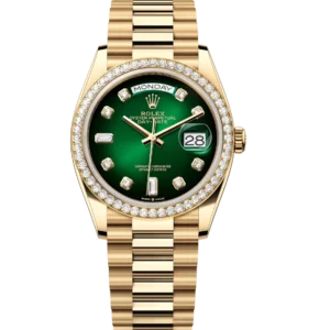 Rolex Day-Date 36 Oyster Perpetual 18 ct yellow gold green ombré, diamond-set dial diamond-set bezel President band Reference 128348RBR