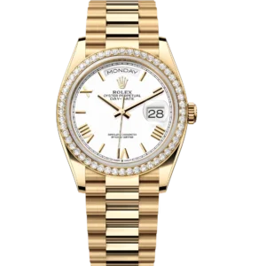 Rolex Day-Date 36 Oyster Perpetual 18 ct yellow gold white dial diamond-set bezel President band Reference 128348RBR