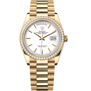 Rolex Day-Date 36 Oyster Perpetual 18 ct yellow gold white dial diamond-set bezel President band Reference 128348RBR