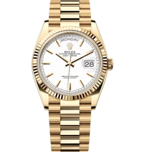 Rolex Day-Date 36 Oyster Perpetual 18 ct yellow gold white dial fluted bezel President band Reference 128238