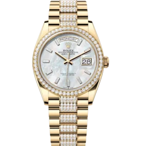 Rolex Day-Date 36 Oyster Perpetual 18 ct yellow gold white mother-of-pearl, diamond-set dial diamond-set bezel diamond-set President band Reference 128348RBR