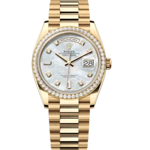 Rolex Day-Date 36 Oyster Perpetual 18 ct yellow gold white mother-of-pearl, diamond-set dial diamond-set bezel President band Reference 128348RBR