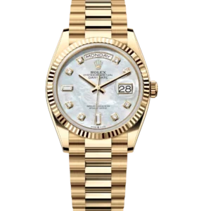 Rolex Day-Date 36 Oyster Perpetual 18 ct yellow gold white mother-of-pearl, diamond-set dial fluted bezel President band Reference 128238