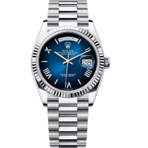 Rolex Day-Date 36 Oyster Perpetual platinum blue ombré dial fluted bezel President band Reference 128236