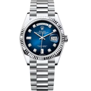 Rolex Day-Date 36 Oyster Perpetual platinum blue ombré, diamond-set dial fluted bezel President band Reference 128236