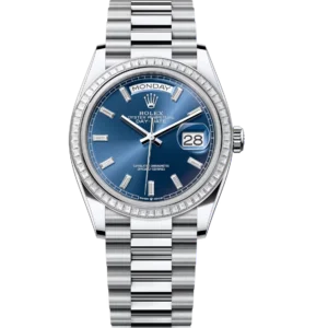 Rolex Day-Date 36 Oyster Perpetual platinum bright blue, diamond-set dial diamond-set bezel President band Reference 128396TBR
