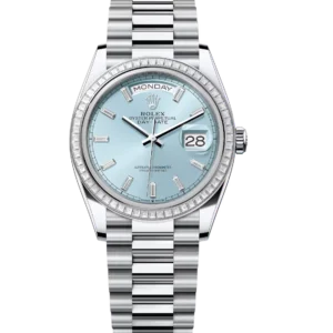 Rolex Day-Date 36 Oyster Perpetual platinum ice-blue, diamond-set dial diamond-set bezel President band Reference 128396TBR