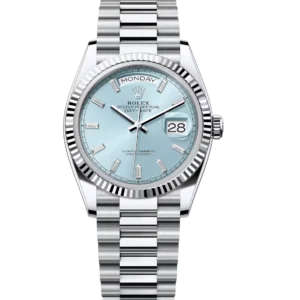 Rolex Day-Date 36 Oyster Perpetual platinum ice-blue, diamond-set dial fluted bezel President band Reference 128236