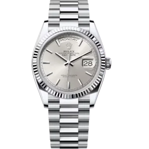 Rolex Day-Date 36 Oyster Perpetual platinum silver dial fluted bezel President band Reference 128236