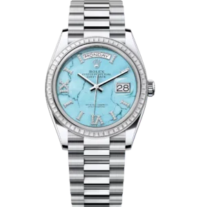 Rolex Day-Date 36 Oyster Perpetual platinum turquoise, diamond-set dial diamond-set bezel President band Reference 128396TBR