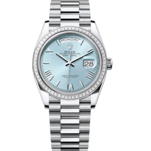 Rolex Day-Date 36 Oyster Perpetual platinum white ice-blue dial diamond-set bezel President band Reference 128396TBR