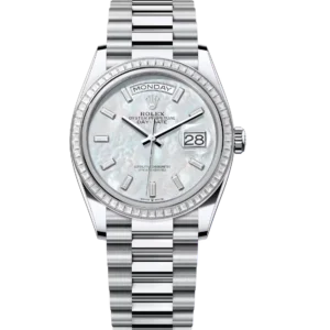Rolex Day-Date 36 Oyster Perpetual platinum white mother-of-pearl, diamond-set dial diamond-set bezel President band Reference 128396TBR
