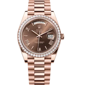 Rolex Day-Date 40 Oyster Perpetual 18 ct Everose gold chocolate dial diamond-set bezel President band Reference 228345RBR