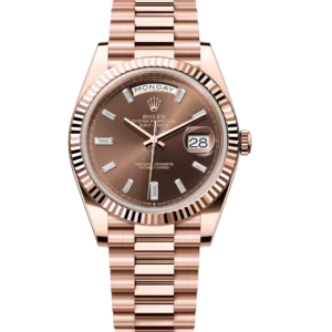 Rolex Day-Date 40 Oyster Perpetual 18 ct Everose gold chocolate, diamond-set dial fluted bezel President band Reference 228235