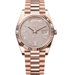 Rolex Day-Date 40 Oyster Perpetual 18 ct Everose gold diamond-paved dial fluted bezel President band Reference 228235