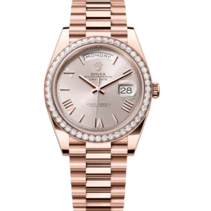 Rolex Day-Date 40 Oyster Perpetual 18 ct Everose gold Sundust dial diamond-set bezel President band Reference 228345RBR
