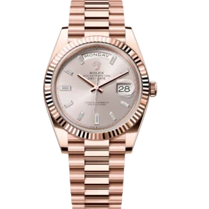 Rolex Day-Date 40 Oyster Perpetual 18 ct Everose gold Sundust, diamond-set dial fluted bezel President band Reference 228235