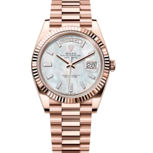 Rolex Day-Date 40 Oyster Perpetual 18 ct Everose gold white mother-of-pearl, diamond-set dial fluted bezel President band Reference 228235