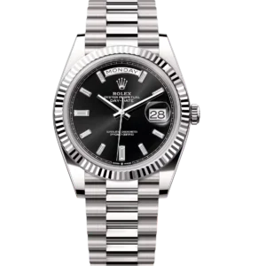 Rolex Day-Date 40 Oyster Perpetual 18 ct white gold bright black, diamond-set dial fluted bezel President band Reference 228239