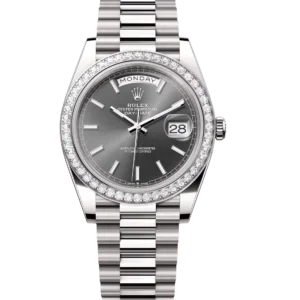 Rolex Day-Date 40 Oyster Perpetual 18 ct white gold slate dial diamond-set bezel President band Reference 228349RBR