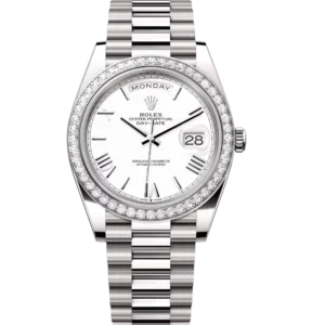 Rolex Day-Date 40 Oyster Perpetual 18 ct white gold white dial diamond-set bezel President band Reference 228349RBR