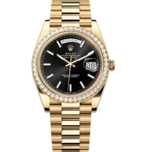 Rolex Day-Date 40 Oyster Perpetual 18 ct yellow gold bright black dial diamond-set bezel President band Reference 228348RBR