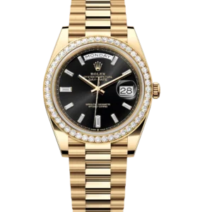 Rolex Day-Date 40 Oyster Perpetual 18 ct yellow gold bright black, diamond-set dial diamond-set bezel President band Reference 228348RBR