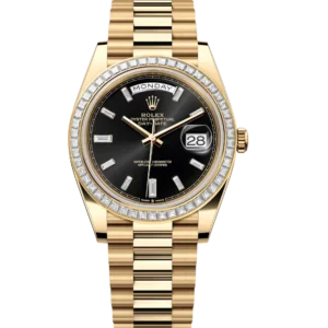 Rolex Day-Date 40 Oyster Perpetual 18 ct yellow gold bright black, diamond-set dial diamond-set bezel President band Reference 228398TBR